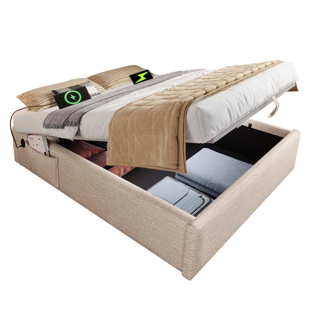 Letto matrimoniale imbottito con porta USB 160x200 cm lino beige naturale