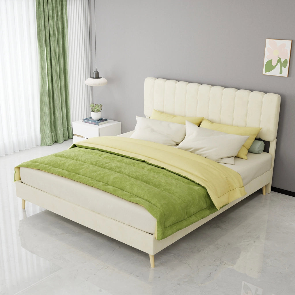 Letto matrimoniale imbottito 160x200 cm in tessuto effetto velluto; beige