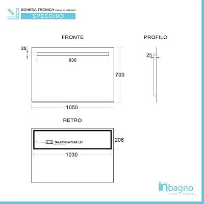 Specchio bagno 105x70 cm con fascia LED superiore bianco naturale