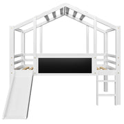 Letto a soppalco singolo 90×200 cm con scivolo; scaletta e lavagna; senza materasso; legno; bianco