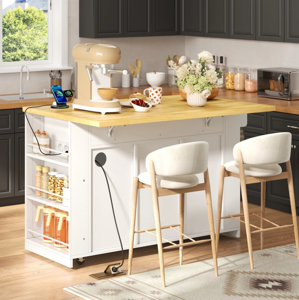 Isola cucina mobile in MDF con piano pieghevole, prese USB, cassetti e ripiani