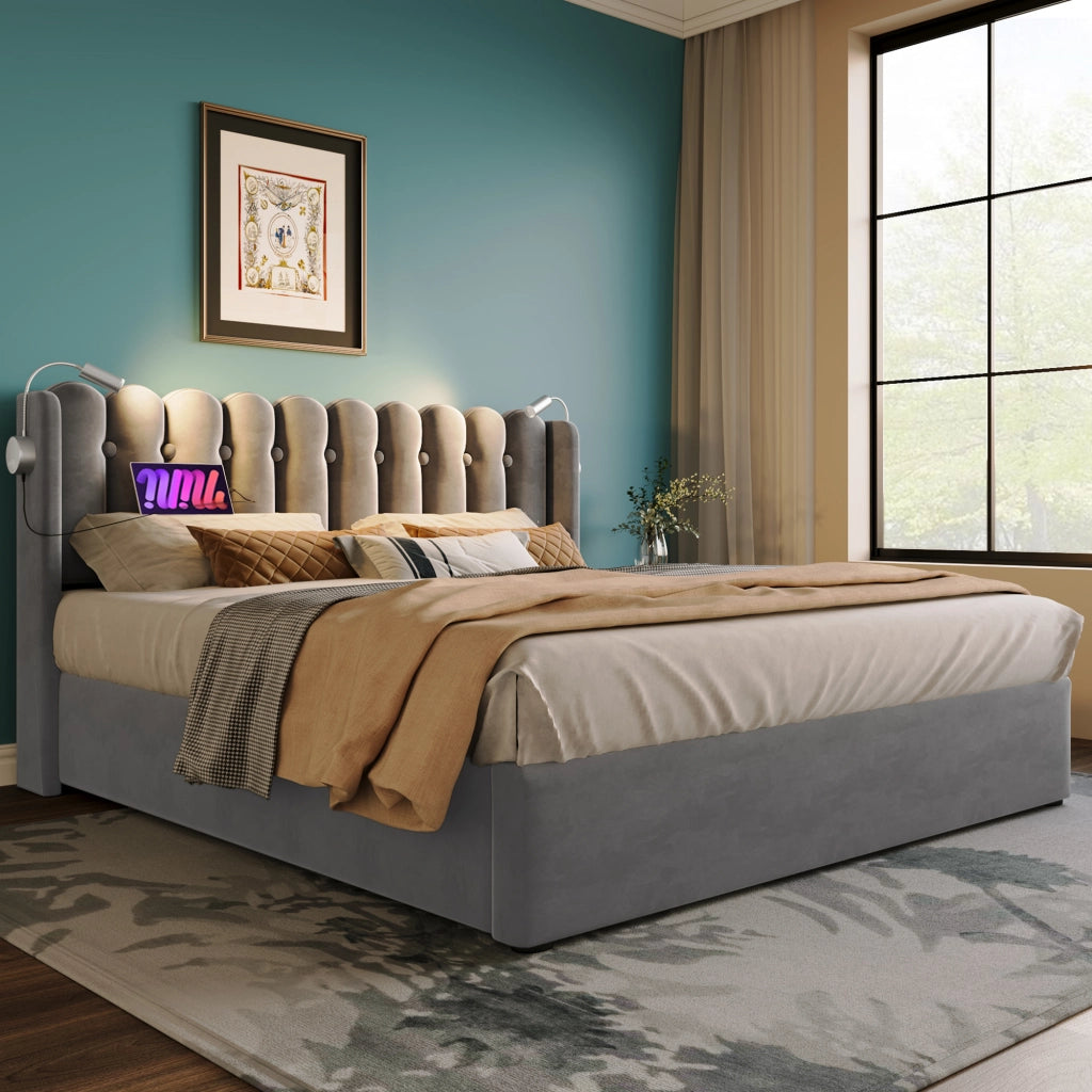 OKWISH Letto Contenitore 140 × 200 cm, Letto Matrimoniale con USB, Luce da Lettura e Vano, con Materasso