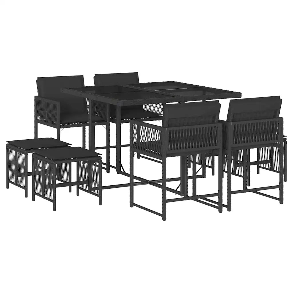 Set da Pranzo da Giardino 9 pz con Cuscini Nero in Polyrattan 3211495