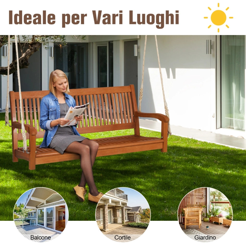 Panca altalena a 2 posti con 2 corde resistenti per cortile, Altalena di eucalipto appesa per portico cortile-Dondoli