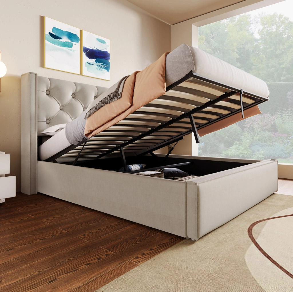Letto imbottito ULEVR 160x200 cm con contenitore e rete sollevabile, cotone grigio chiaro