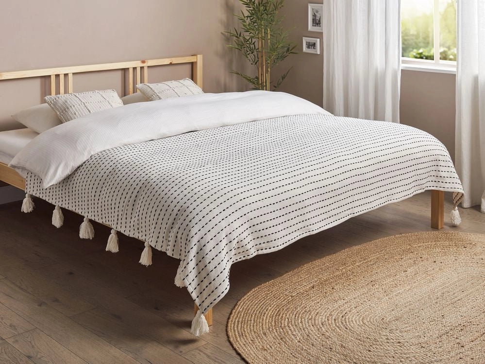 Copriletto in tessuto di cotone bianco sporco 200 x 220 cm con frange Decorativo Biancheria da letto Design classico Camera da letto