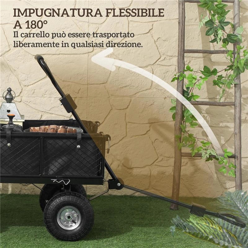 CARRELLO DA GIARDINO IN ACCIAIO DA 114L CON SACCA PORTAOGGETTI E PARETI RIMOVIBILI 105X51X54 CM NERO