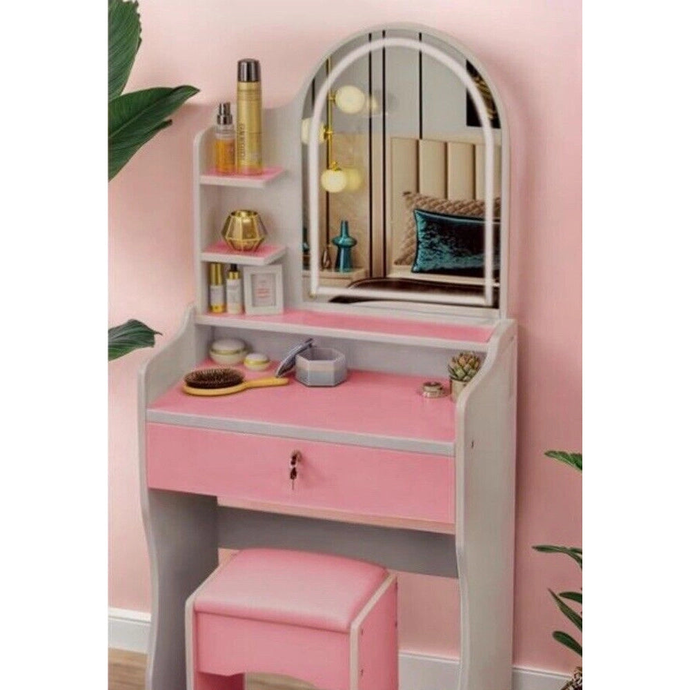 Trade Shop - Toilette Postazione Trucco Con Sgabello Moderno Specchio Con Luce Led Touch 2 Colori - Rosa