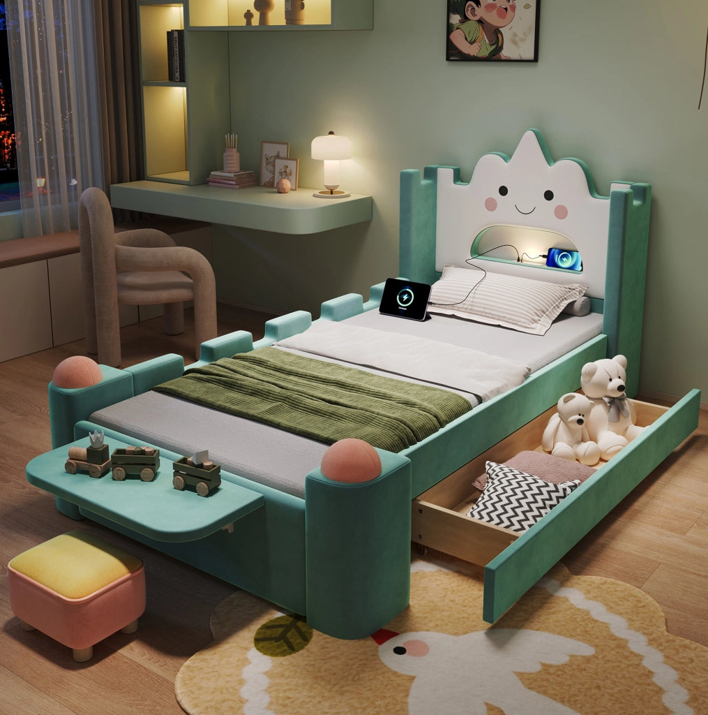 Letto imbottito 90x200 cm con lampada LED; USB e cassetto in velluto blu-verde