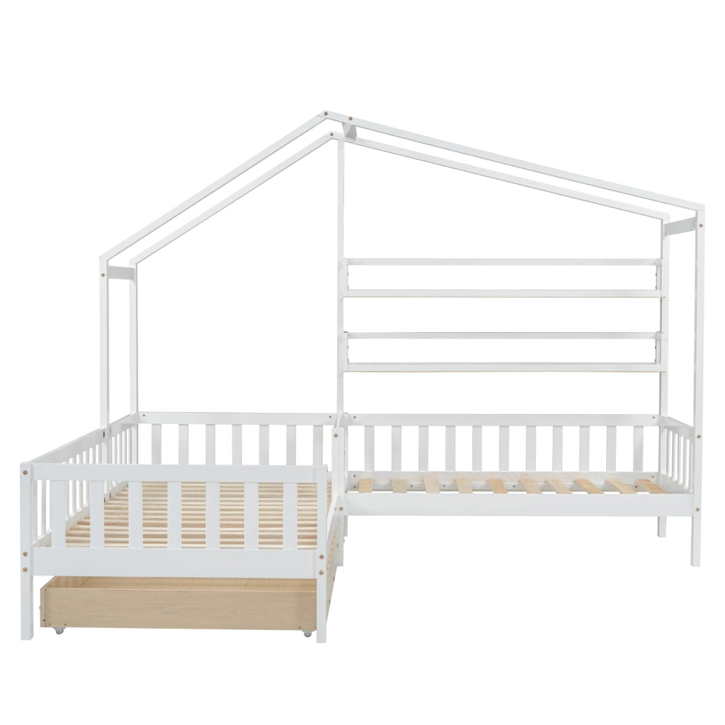 Letto a casa per bambini bianco con cassetti e mensole in legno massello e mdf struttura l 90x200 cm