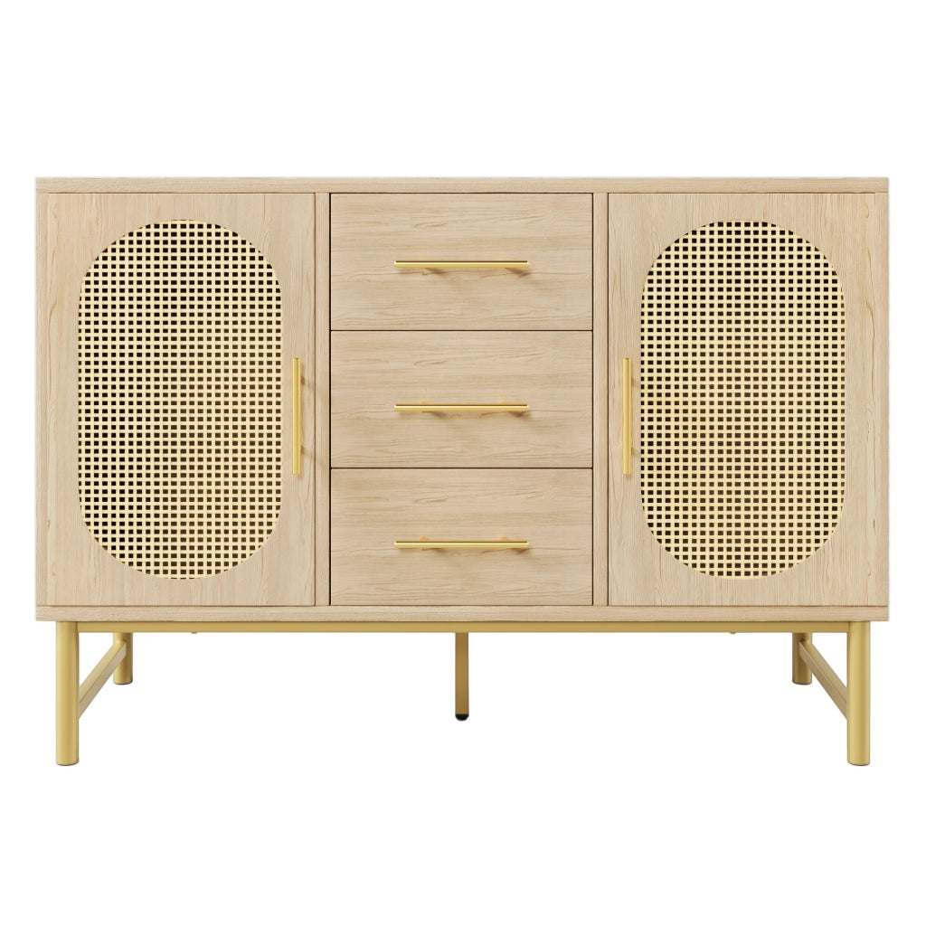 Credenza con 2 Ante in Effetto Rattan e 3 Cassetti; Ripiano Regolabile; 120??40??74 cm; Rovere Sonoma