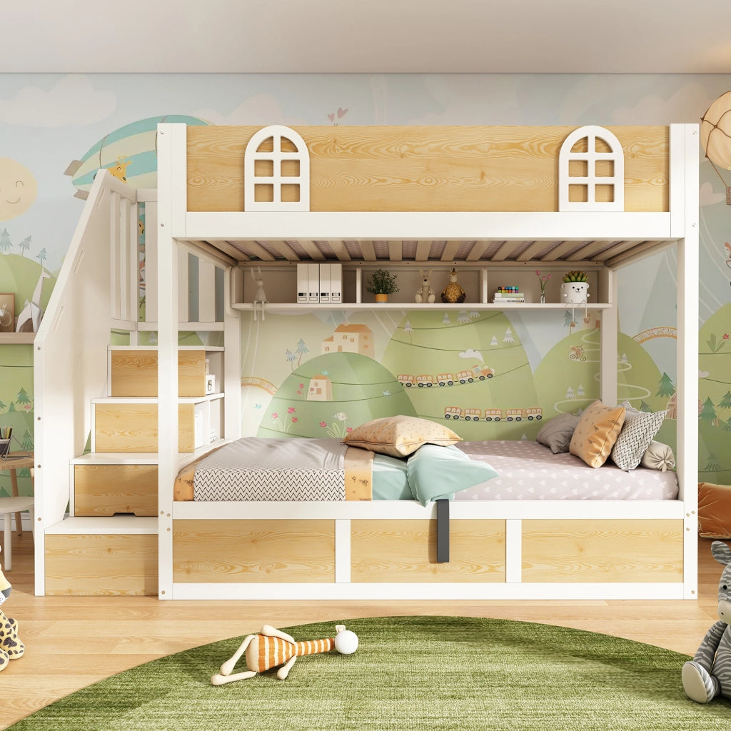 Letto a castello 90x200 - Xylo - Bianco, naturale, con ripostiglio
