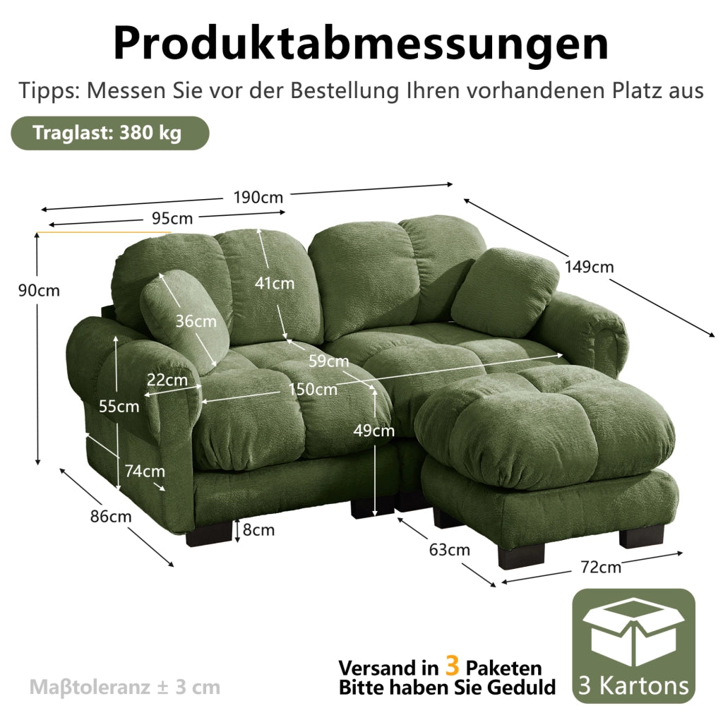 Divano modulare angolare a 2 posti in Chenille verde con ottomana mobile, design a trapunta e cuscini spessi