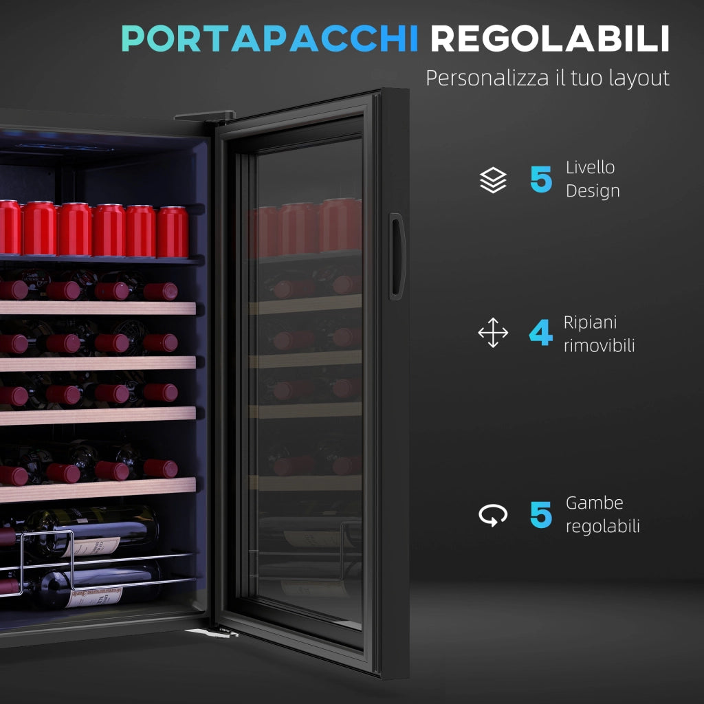 Cantinetta Frigo per Vino da 63L con Ripiani Regolabili per 16 Bottiglie e 25 Lattine, 43x45x74 cm, Nero