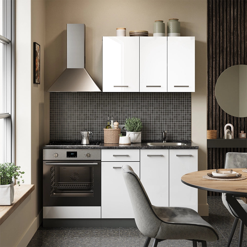 Vicco Cucina completa Bianco lucido/antracite 160 cm con colonna forno senza piano di lavoro