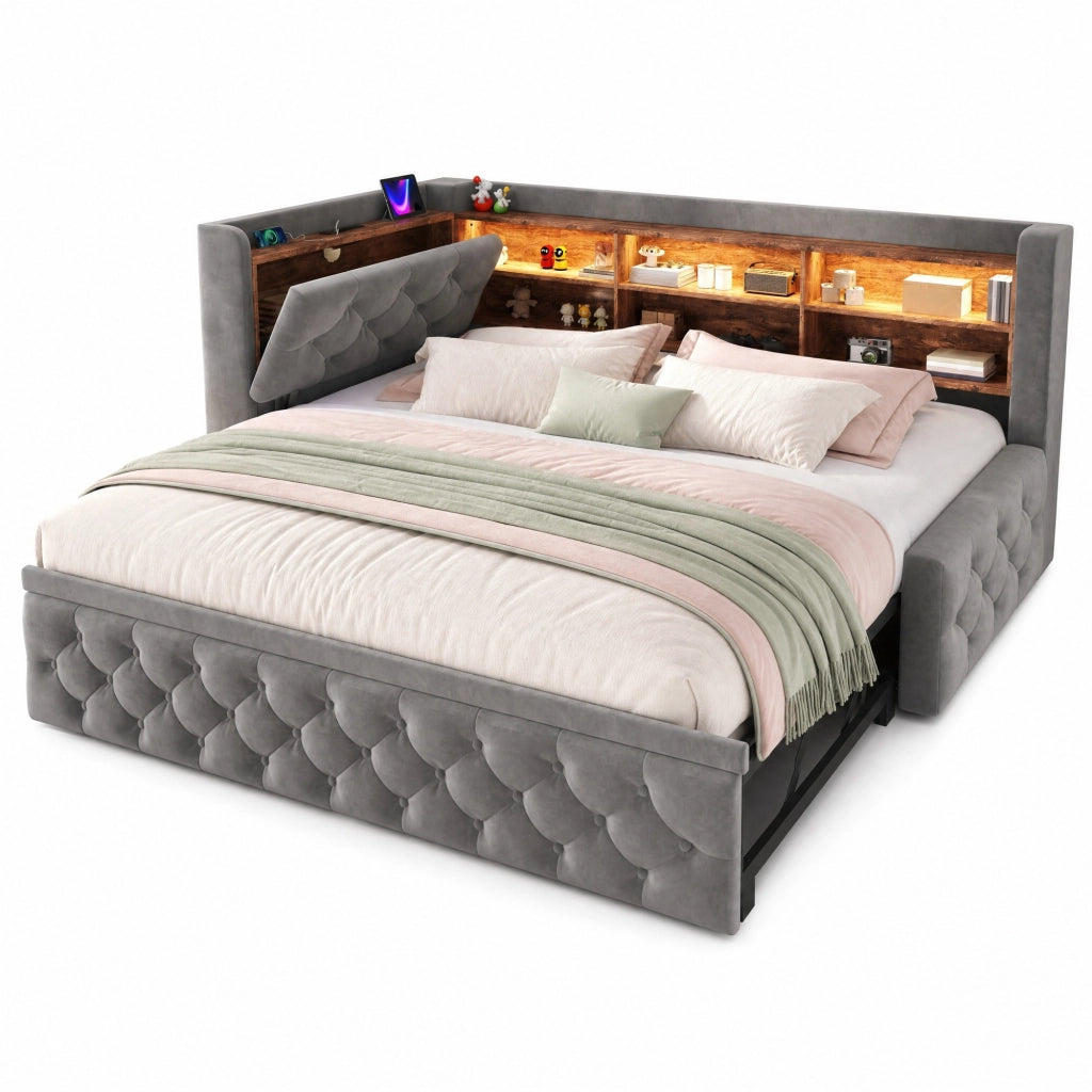 Letto a Divanetto 90x190 cm; Letto Singolo - LED; USB e Type-C - Velluto Grigio