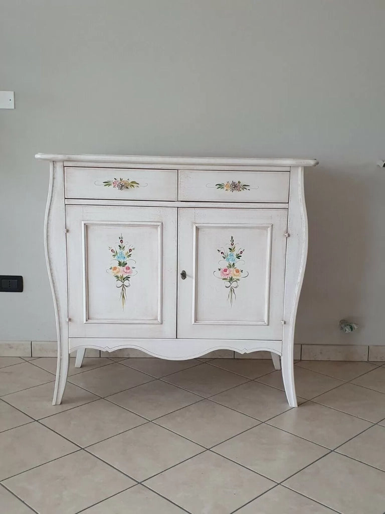 Madia credenza in legno 2 porte shabby bianco anticato decorato 105x50x100 (3090) - Mobili 2G