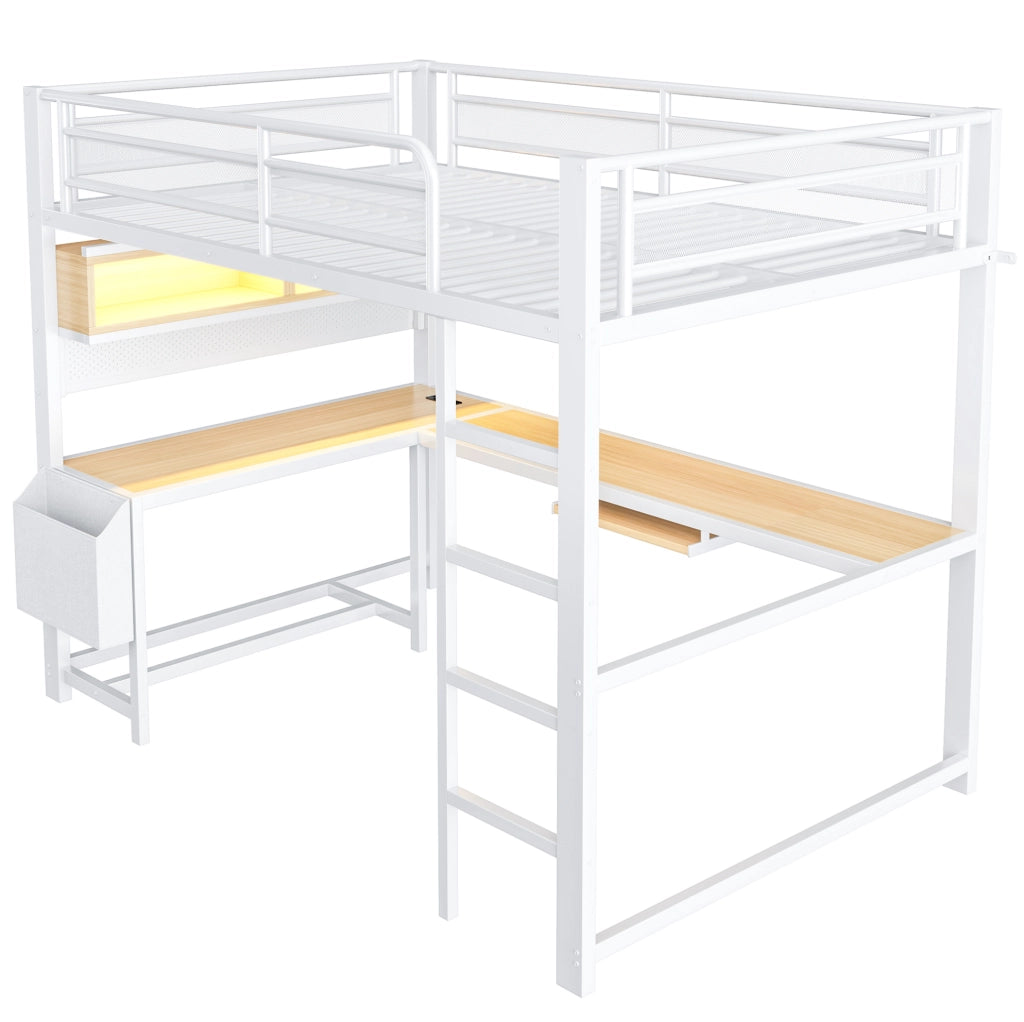 Letto a soppalco 140x200 cm con scrivania; LED e stazione di ricarica in MDF e metallo bianco