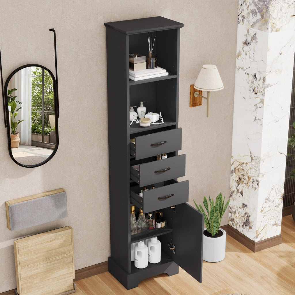 Mobile da bagno con 1 anta; 3 cassetti e ripiani regolabili - per bagno - 38×26×172.5 cm - nero