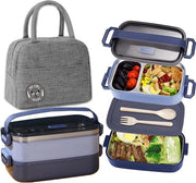 Lunchbox in acciaio inossidabile con contenitore rimovibile - 1100ml - 3 compartimenti - contenitore rimovibile - chiusura ermetica - box Bento - blu