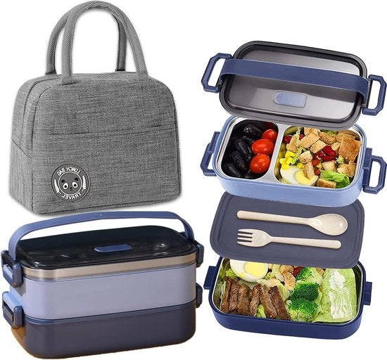 Lunchbox in acciaio inossidabile con contenitore rimovibile - 1100ml - 3 compartimenti - contenitore rimovibile - chiusura ermetica - box Bento - blu