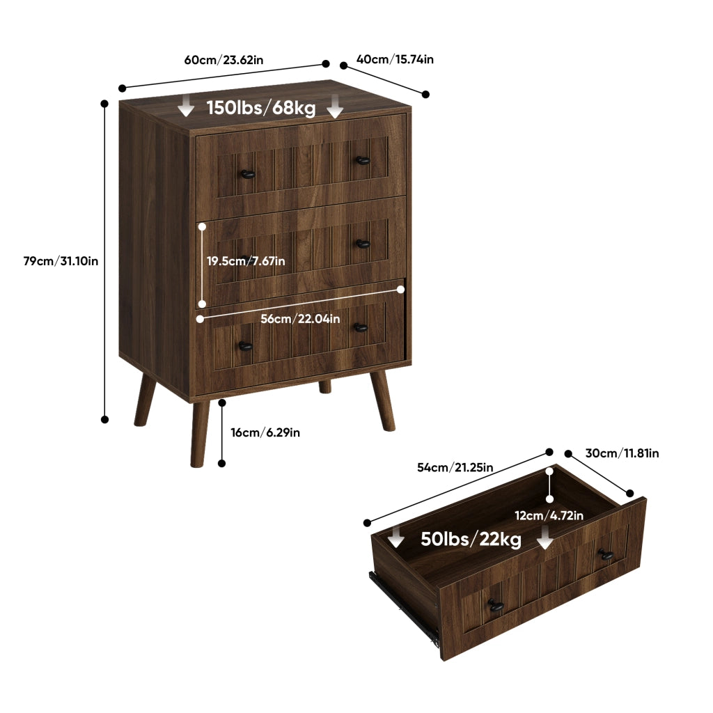 Comò a 3 cassetti con maniglie in metallo e frontali scanalati, per camera da letto e soggiorno, 60 × 40 × 79 cm