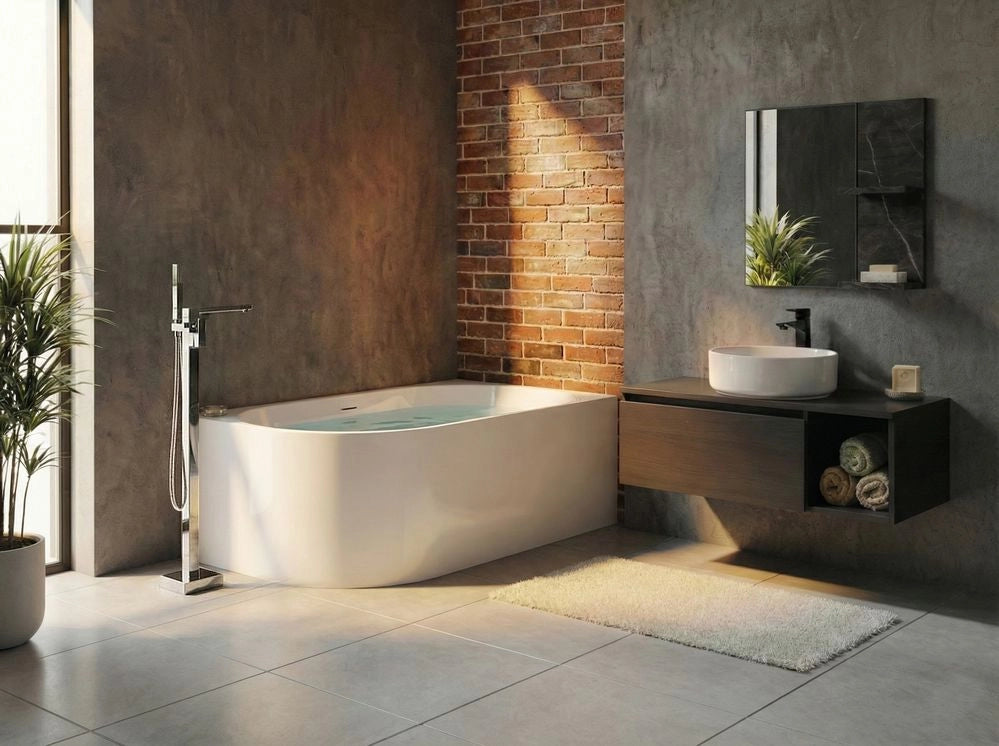 Vasca da bagno angolare sinistra in acrilico bianco lucido 170 x 80 cm Controllo del troppopieno Bagno in stile moderno