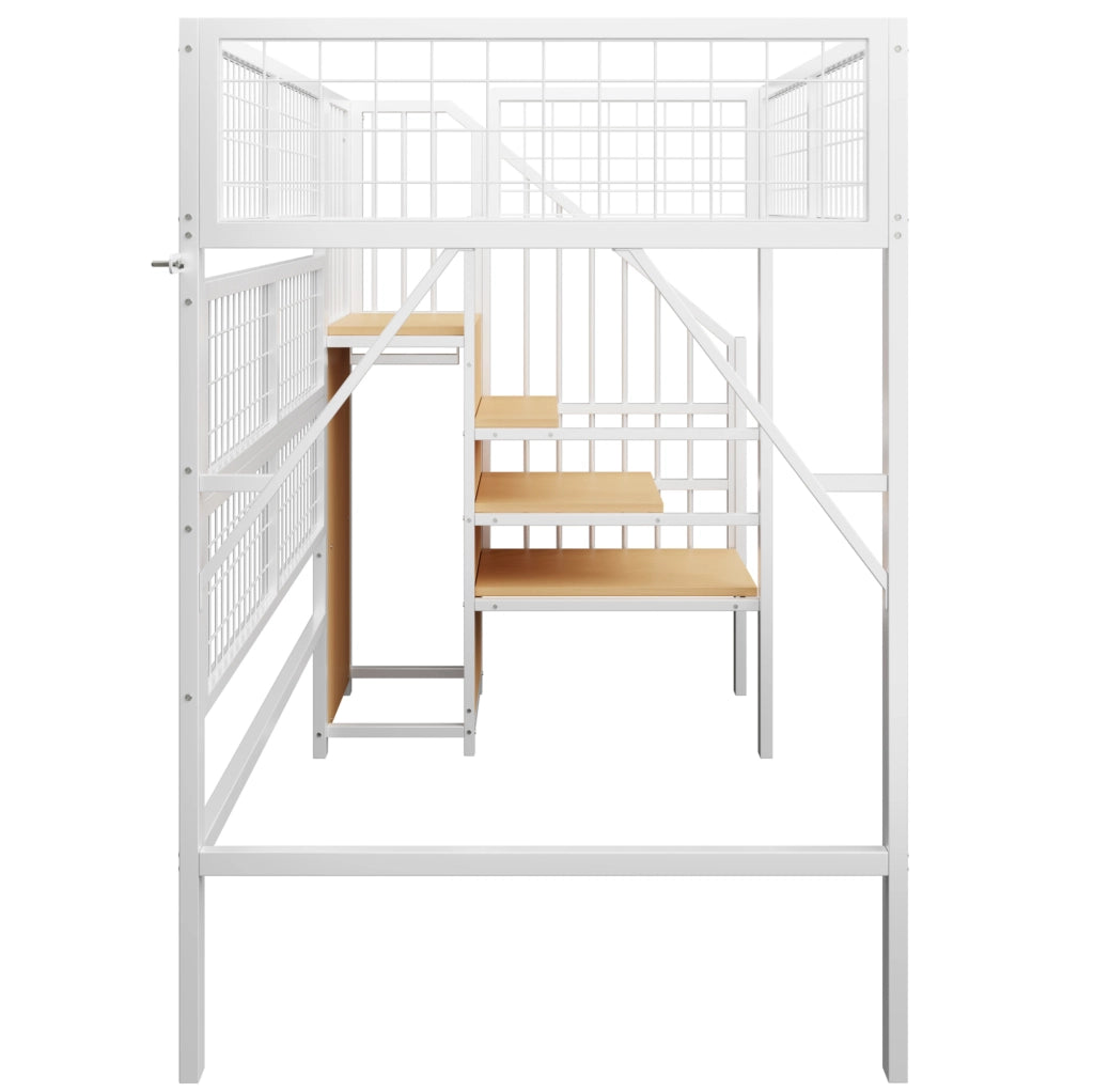 Letto a soppalco 90x200 cm con LED e scala con spazio contenitore in metallo bianco