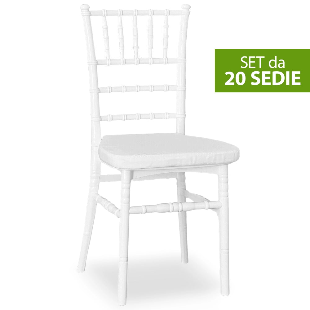 Set da 20 Sedie Chiavarine Plastica bianche con cuscino antiscivolo bianco