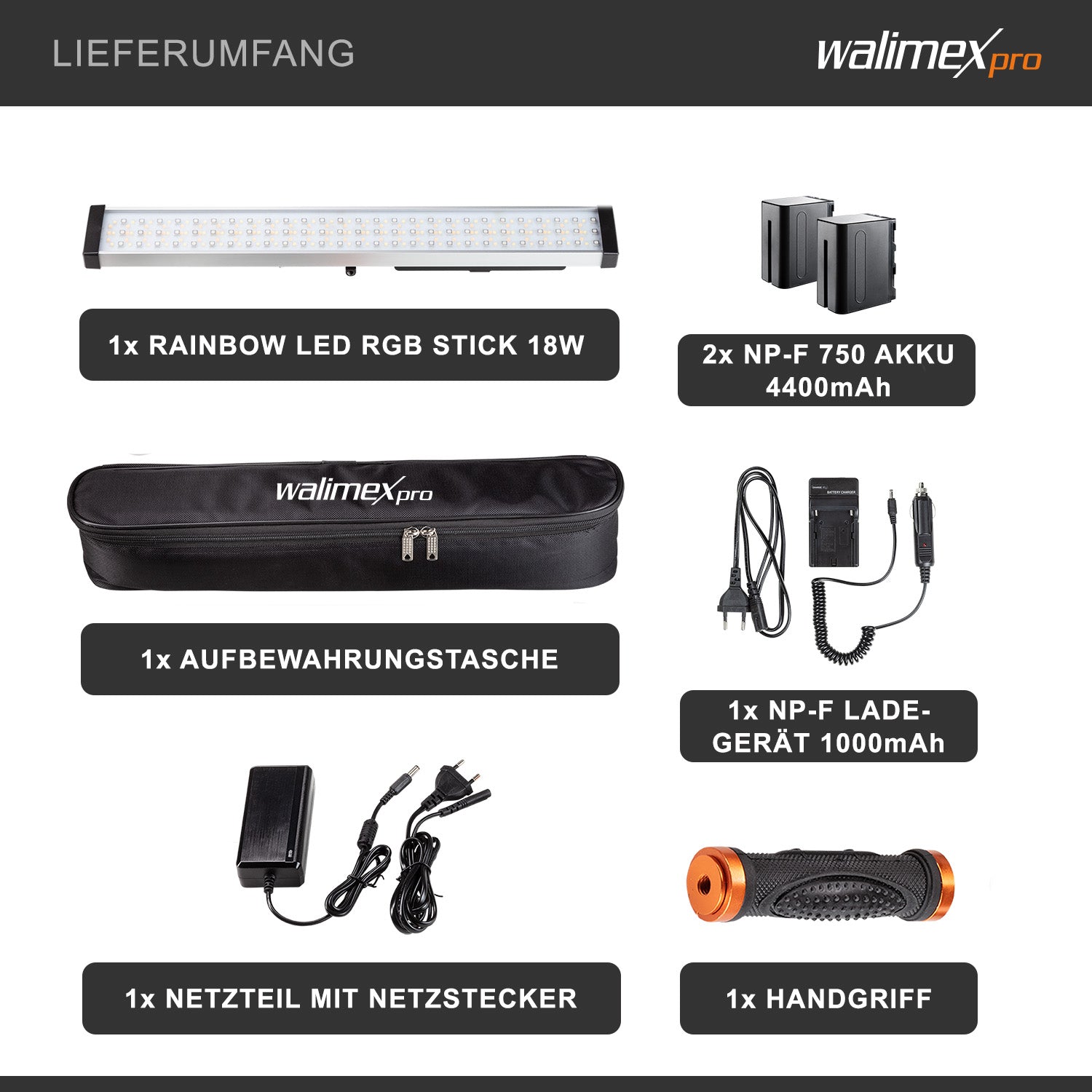 LED Rainbow RGB Stick 18W Set - composto da Rainbow LED RGB Stick, impugnatura, alimentatore, borsa per il trasporto e la conservazione, caricabatterie e 2 batterie