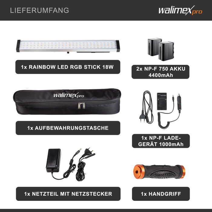 LED Rainbow RGB Stick 18W Set - composto da Rainbow LED RGB Stick, impugnatura, alimentatore, borsa per il trasporto e la conservazione, caricabatterie e 2 batterie