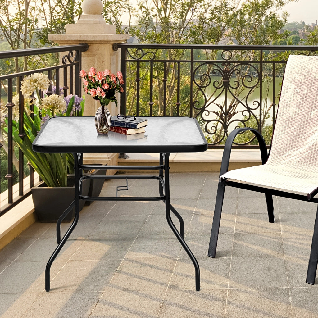 Tavolino da caff¨¨ per cortile con superficie in vetro temperato, Tavolo da esterno in stile classico e moderno Nero-Tavoli da esterno