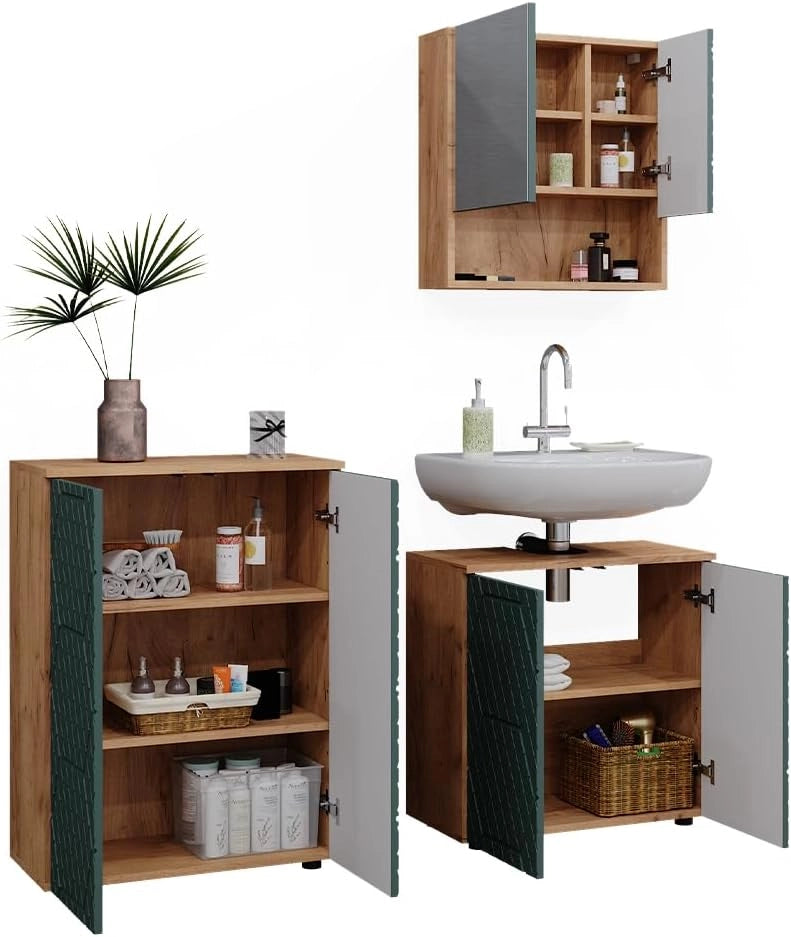 Set mobili bagno Irma, Quercia verde/oro, 3 parti, con unità di base 60 cm, composto da mobile sottolavabo, specchiera e mobile medio