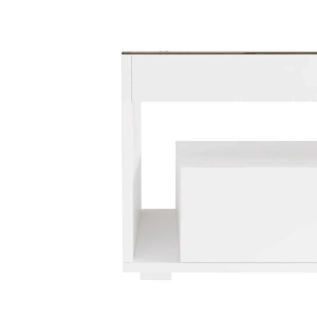 Tavolino da salotto moderno 100x50x40 cm in truciolare bianco con LED e piano in vetro temperato