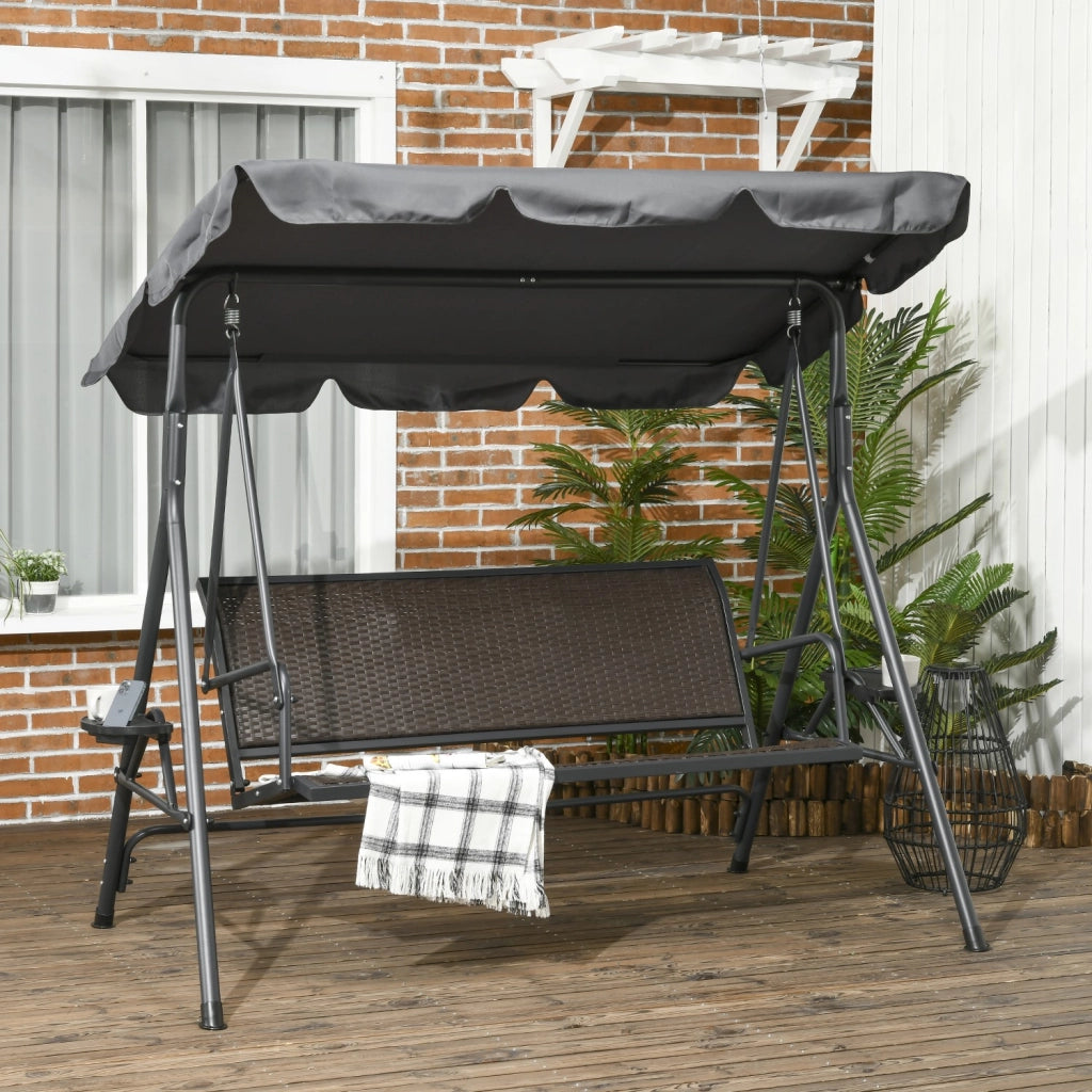 Easycomfort Dondolo da Giardino 3 Posti in Rattan PE e Acciaio con Tettuccio Regolabile e Portabicchieri, 204x112x150 cm