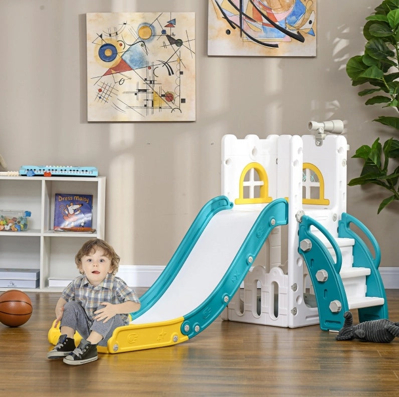 Scivolo per bambini 4 in 1 giallo con canestro, cannocchiale e arrampicata per gioco attivo