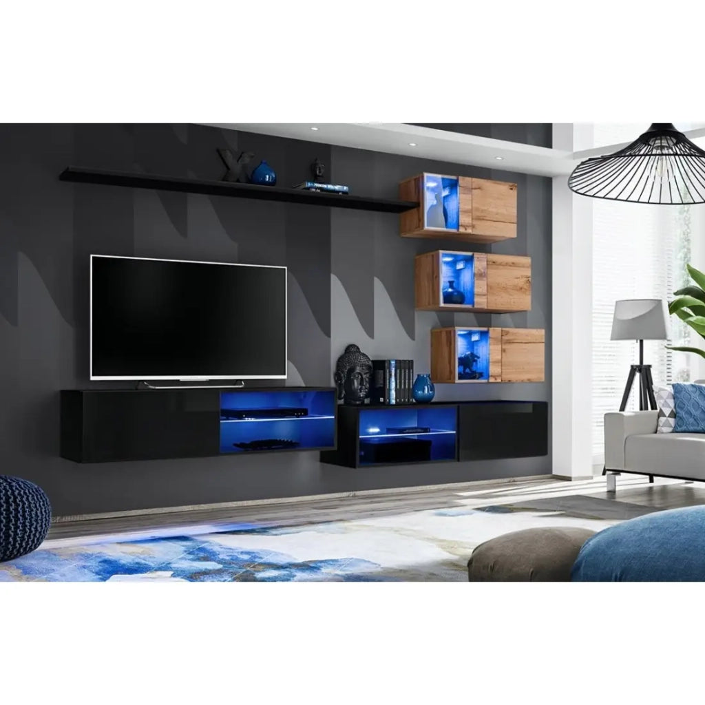 Set mobili da soggiorno SWITCH XXIV – LED – Nero e Rovere – Composizione murale design