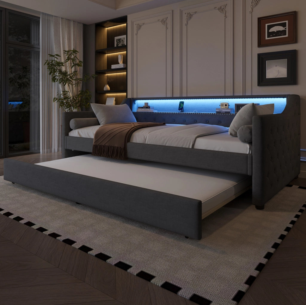 Letto a scomparsa con luci LED, USB e rete a doghe, grigio, 90 x 200 cm