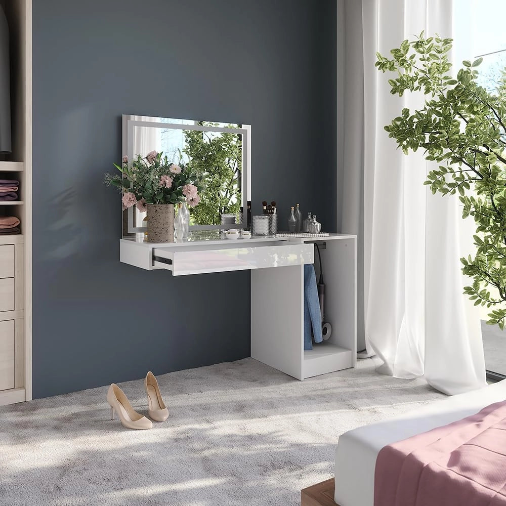 Tavolo da toeletta Sherry, Bianco/bianco lucido, 120 cm 3 parti, con illuminazione LED e grande specchio per la cura quotidiana
