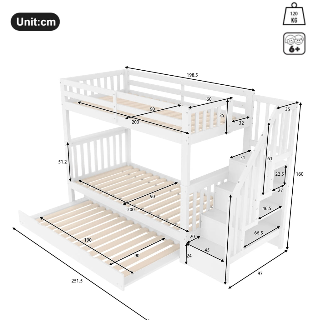 Letto a castello 90x200 cm con letto estraibile e scala con scaffali
