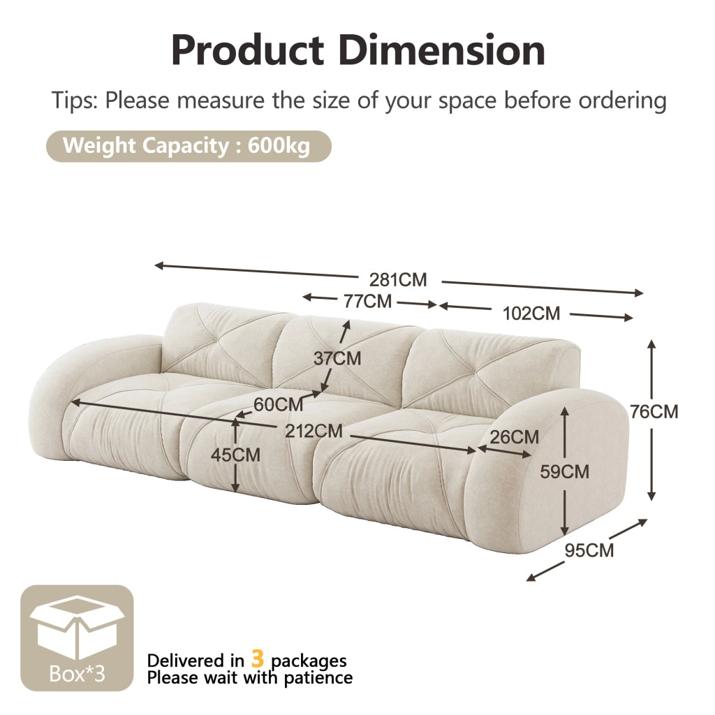 Divano modulare 3 posti senza struttura in tessuto chenille con seduta confortevole, beige chiaro 281 × 95 × 76 cm
