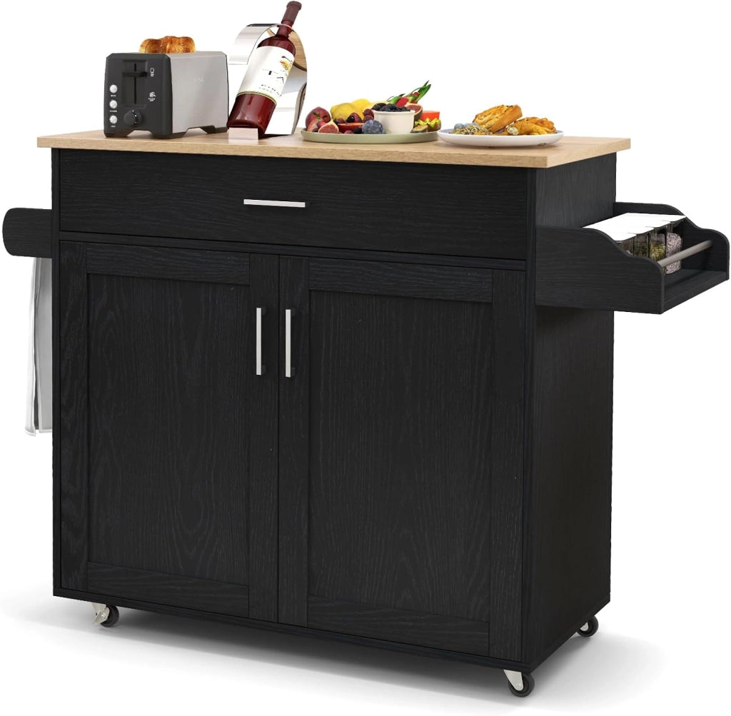 Carrello da Cucina con Ruote di Gomma, Isola Cucina con Cassetto e Ripiano Regolabile, Mobile Credenza Salvaspazio Porta Microonde, Portaspezie, Portasciugamani, 116 x 40 x 85 cm (Nero)