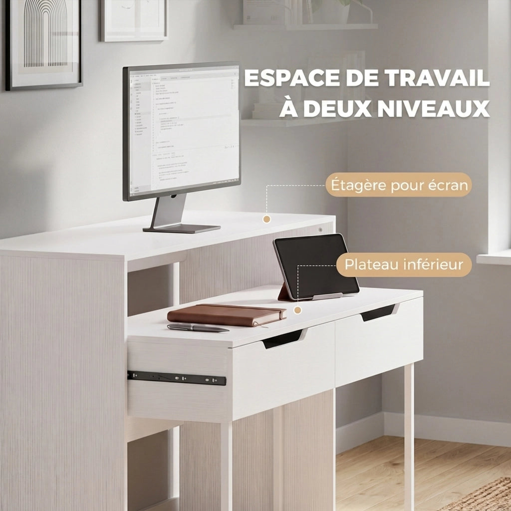 Scrivania computer estensibile con 2 cassetti, bianca, design moderno, salvaspazio, 100 cm, per casa e studio