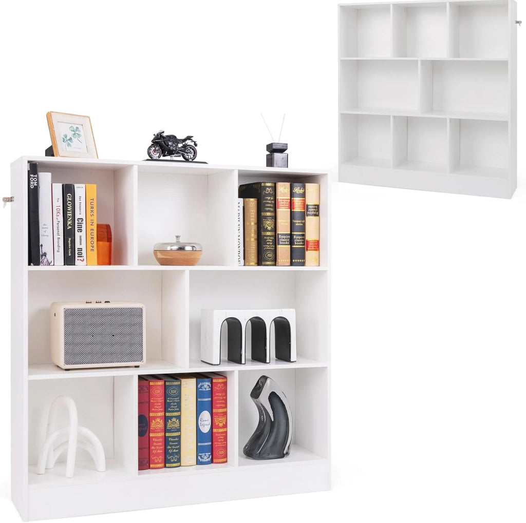 Libreria Aperta con 10 Scomparti, Libreria a 3 Livelli con Dispositivo Antiribaltamento, Mobile di Stoccaggio, Scaffale per Soggiorno, Ufficio (Naturale, 120 x 24 x 104 cm)