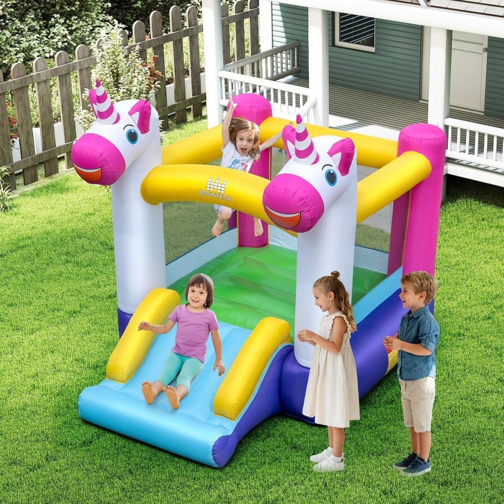 Castello Gonfiabile per Bambini, Casa Gonfiabile Unicorno per bambini con Scivolo e Area Salto, Parco Giochi Gonfiabile da 3-12 Anni, Adatto per Giardino, Esterno e Interno