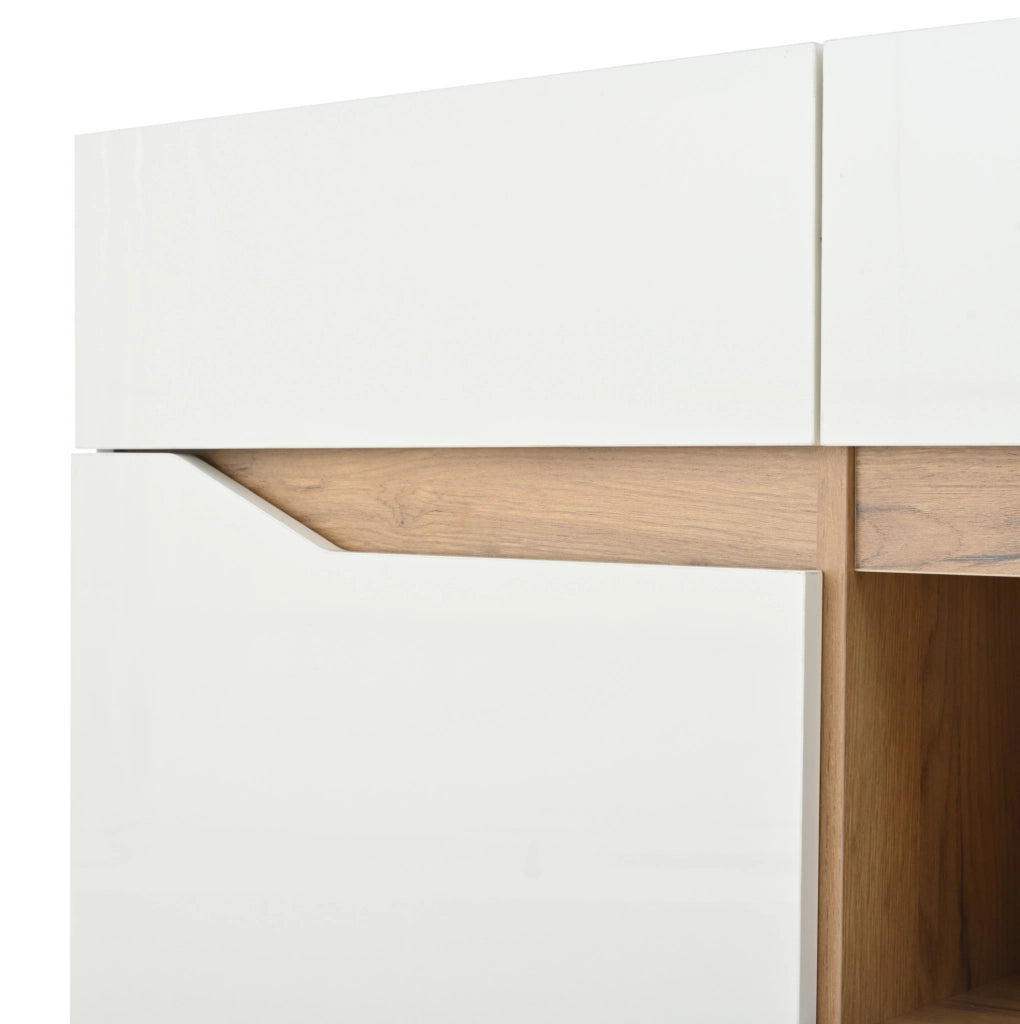 Credenza LED bianca e legno, 4 cassetti e 2 vani