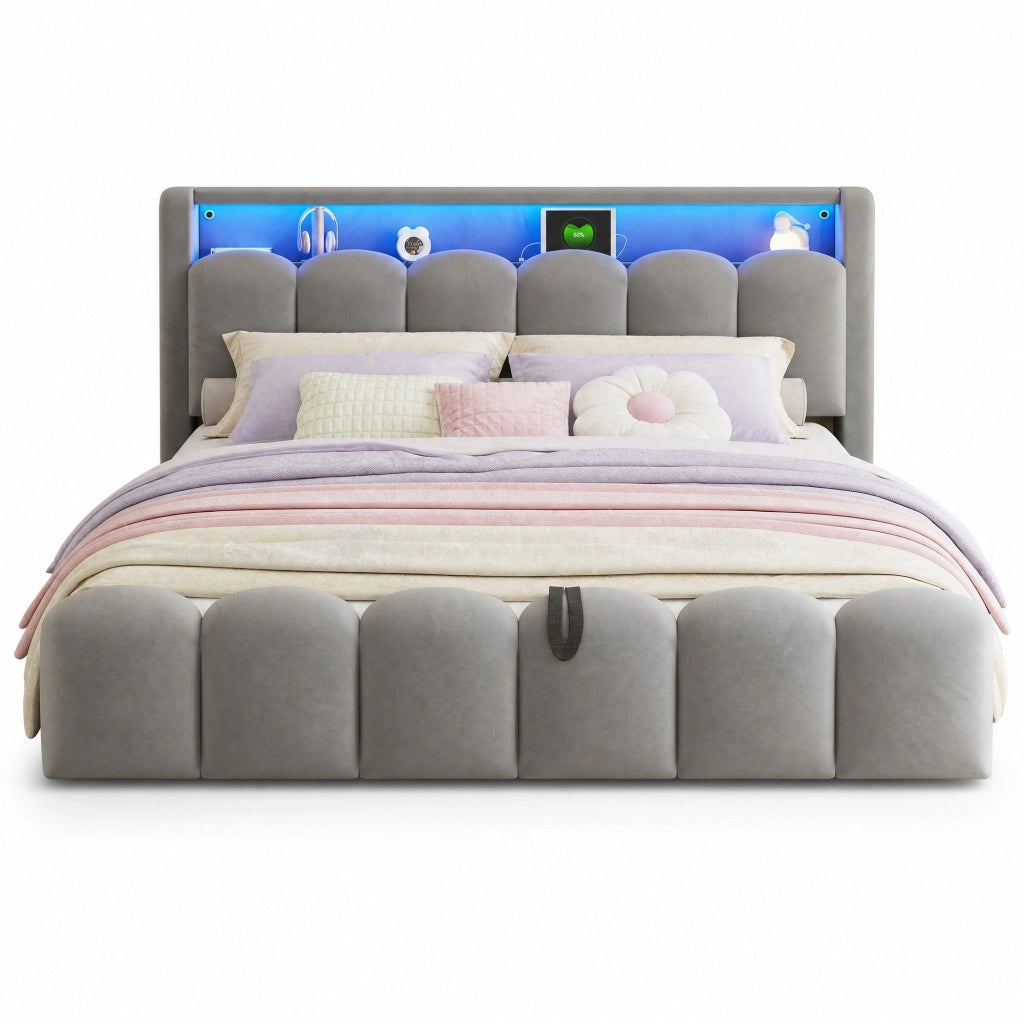 Letto matrimoniale imbottito 180x200 cm in velluto grigio con LED; USB; Type-C e contenitore