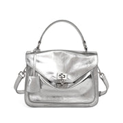 Borsa a tracolla da donna in vera pelle, modello tote/hobo, colore argento.