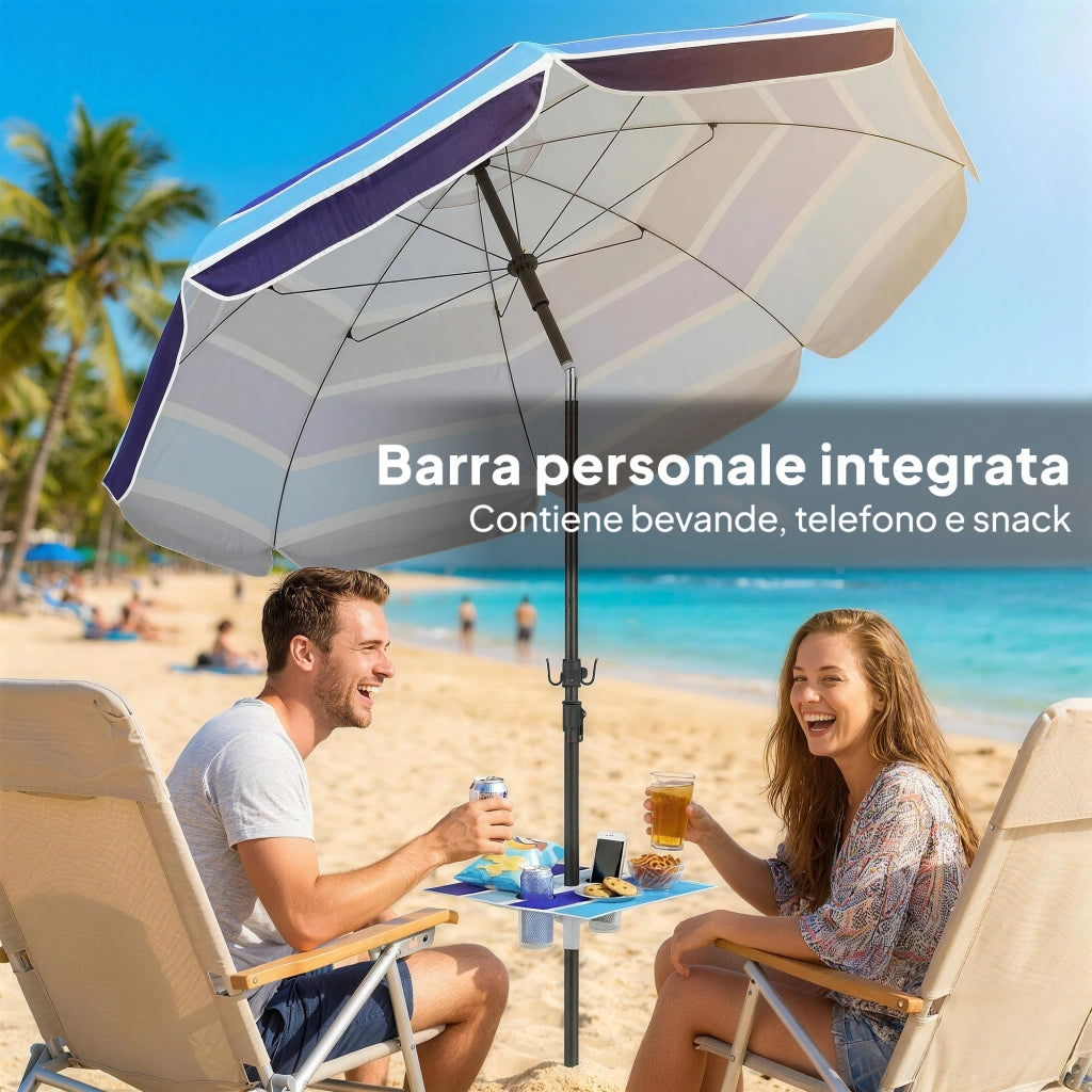 Ombrellone da Spiaggia Ø198x214 cm con Tavolino e Portabicchieri in Metallo e Poliestere Multicolore Blu