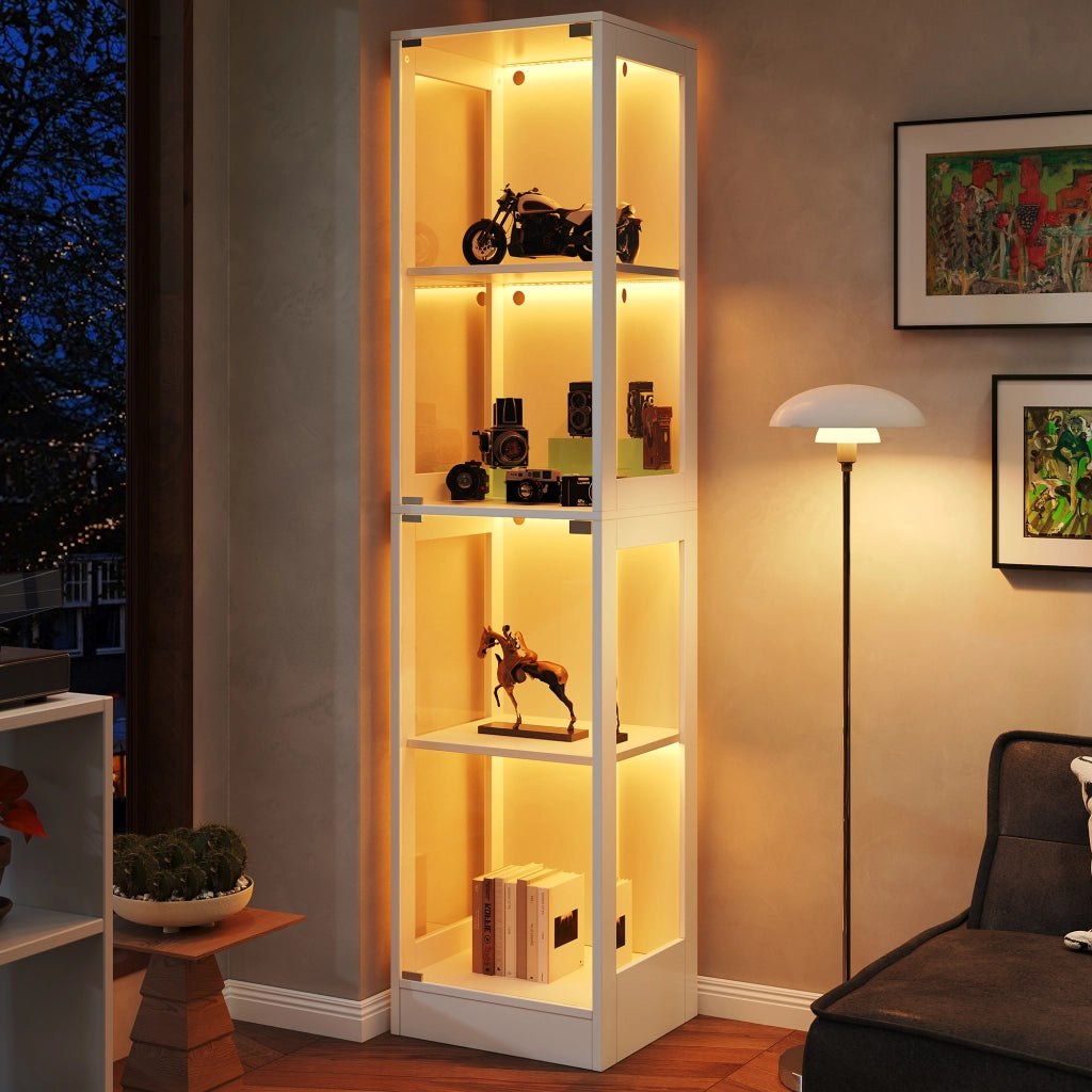 Vetrina Espositiva a LED con Vetro Temperato ¨C MINIMAL ¨C Bianco, 4 Ripiani, 40x35x170 cm